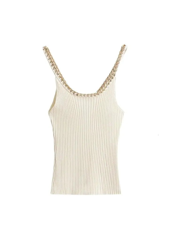 TRZA Ribbed Knitted Tank Top with Chain Vneck Thin Belt Womens Camis Sexy and Fashionable 250414