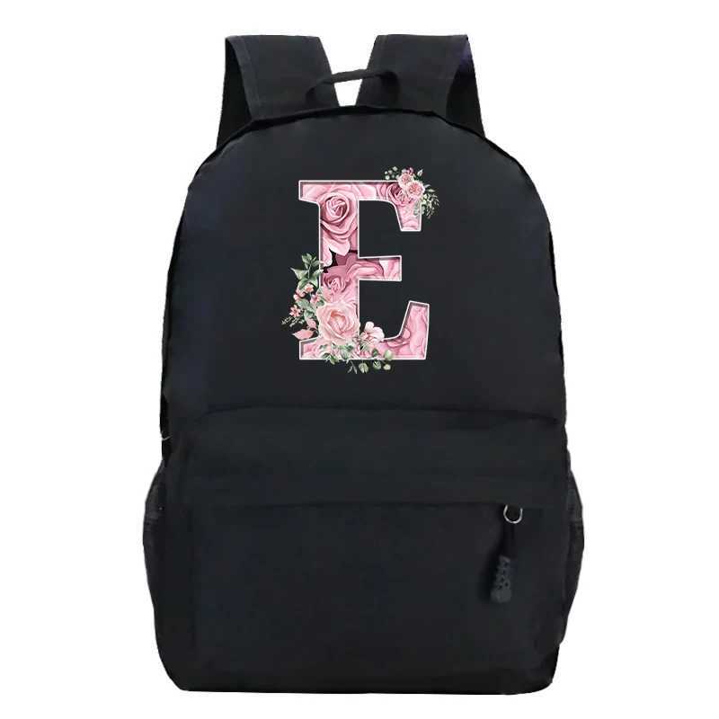 Pink Rose Alphabet Backpack Black Casual Women Aesthetics Rucksack Teenage Girl Boy Flower Letter School Bag Student MochilasW251113