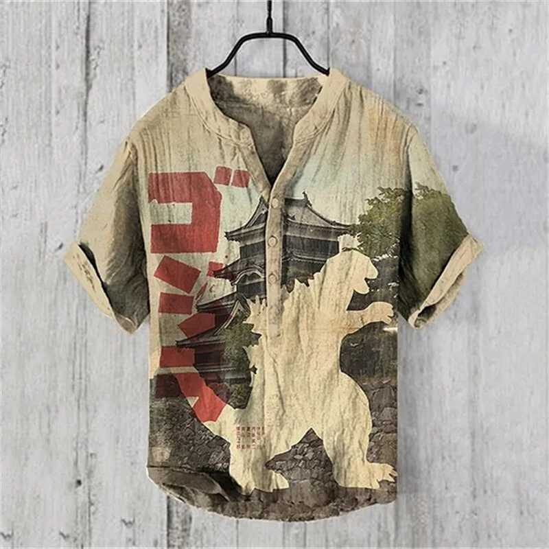 Cat 3D printed Henry mens summer fashion mens short sleeved shirt fashionable casual plus size Hawaiian mens clothing top W250414