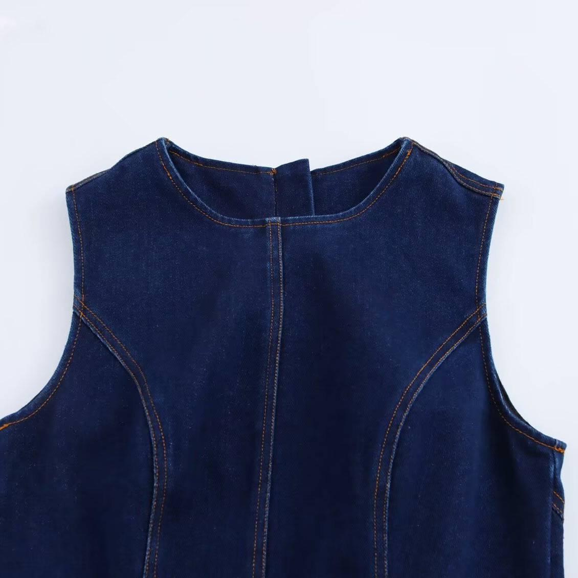 X32110 High Summer new Korean retro simple high-end temperament loose round neck sleeveless denim dress female