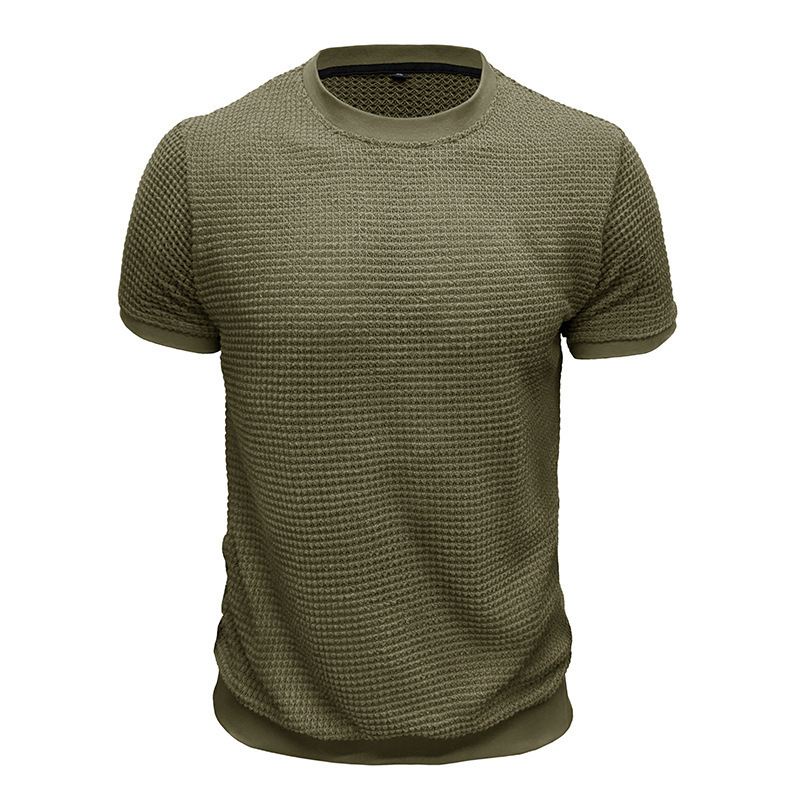 Summer new mens short sleeved knitted T-shirt top with round neck ribbed pullover