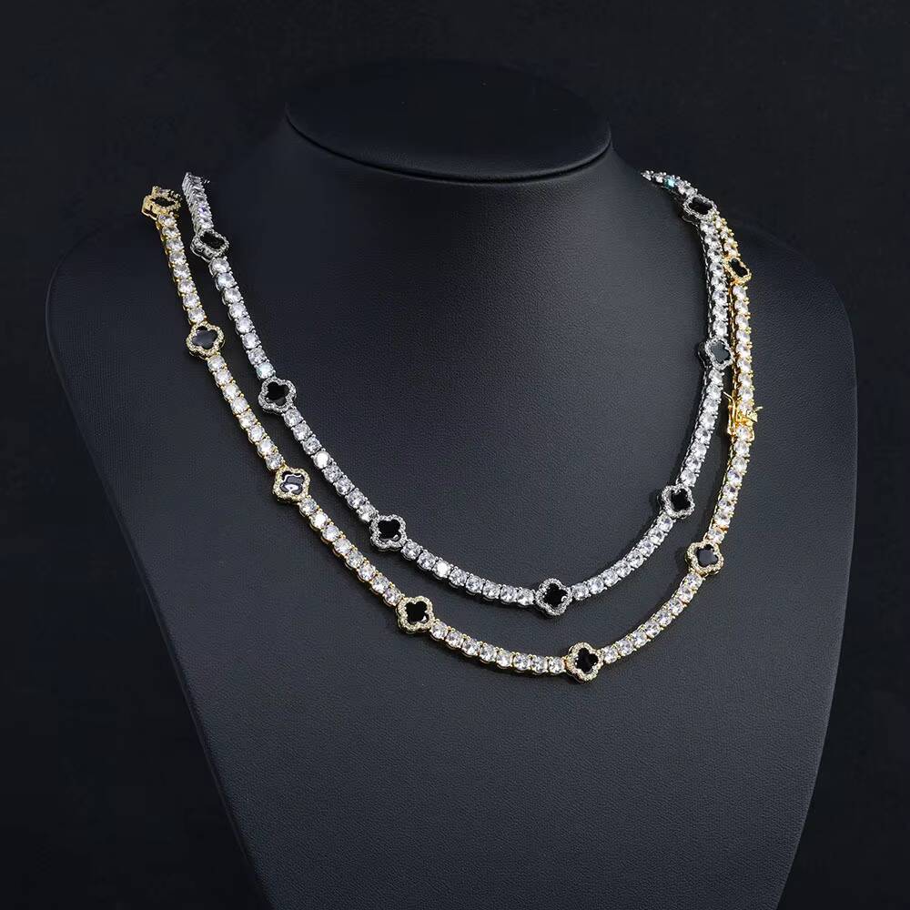 Hip Hop Fashion Jewelry 4mm Iced Out Moissanite Tennis Chain Black Four Leaf Clover Tennis Chain Necklace Gift for Men Women