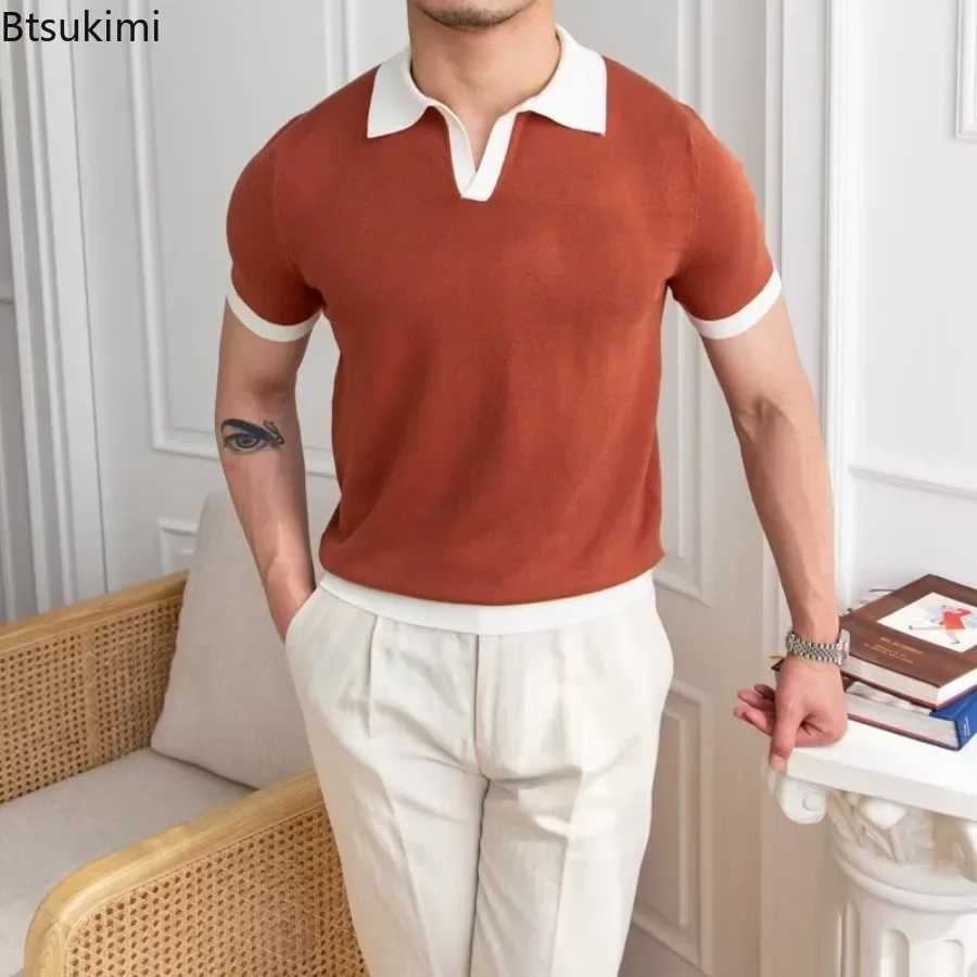 New mens elegant knitted polo shirt casual edition lapel T-shirt summer breathable loose top W250414