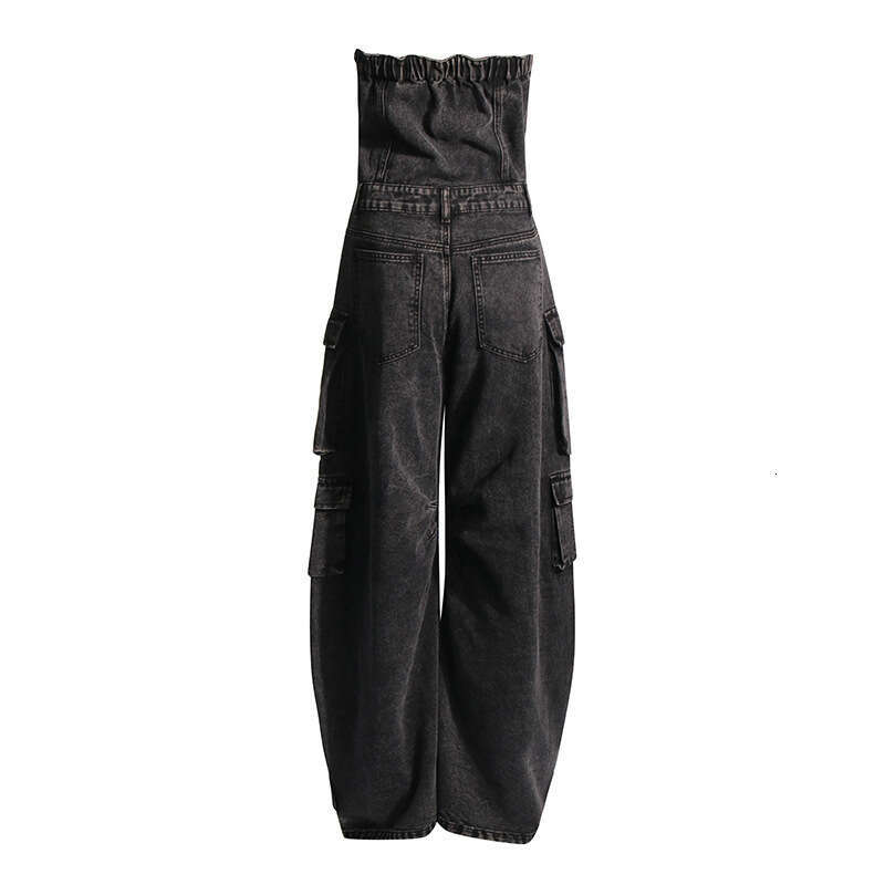 Designer Splice Pocket Denim Jumpsuit for Women - Chic Strapless Cutout Style with Tailored Fit