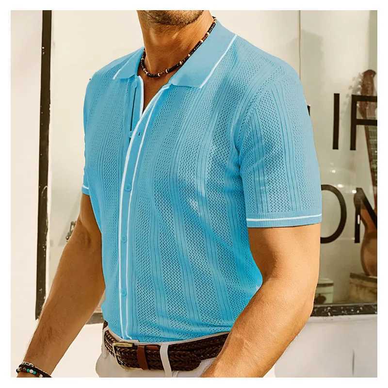 Summer Ice Silk Mens Hollow Polo Shirt Breathable Soft Knitted Top Mens Short Sleeve T-shirt Fashion Color Comparison Mens Shirt W250414