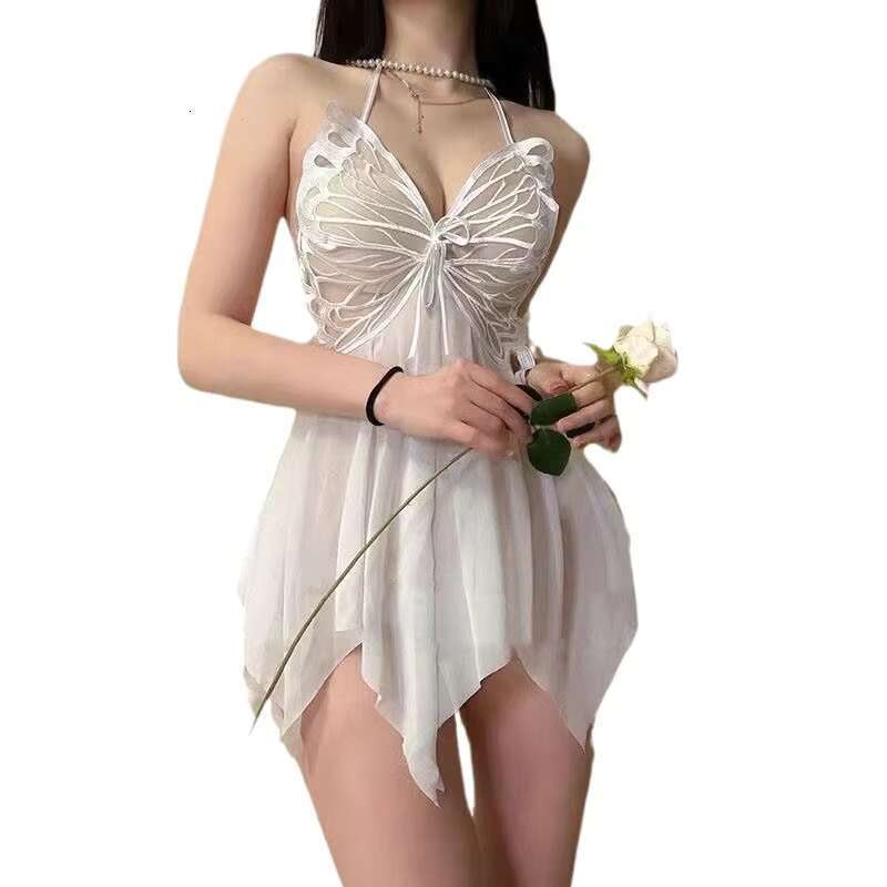 Sexy Pama Mesh Lace Underwear Net Gauze Perspective Butterfly Halter Gerie Nightdress Pure Desire Backless Suit