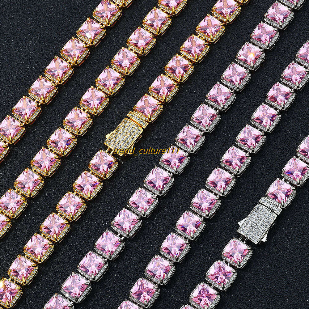Hip hop 10mm square pink Moissanite rock sugar necklace, accessories, high-end men's necklace