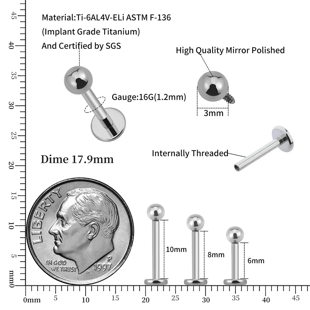 10pcs/lot Right Grand ASTM 36 Internal Threaded Labret Stud Body Piercing m Ball Labret Monroe Lip Ring for Women 250403