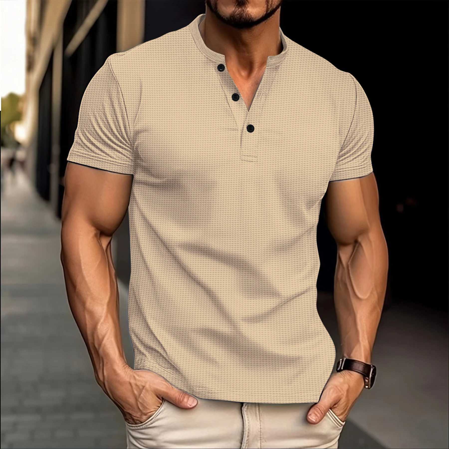 Summer best-selling mens Henry shirt Crewneck button solid color mens polo shirt short sleeved casual and comfortable mens clothing W250414