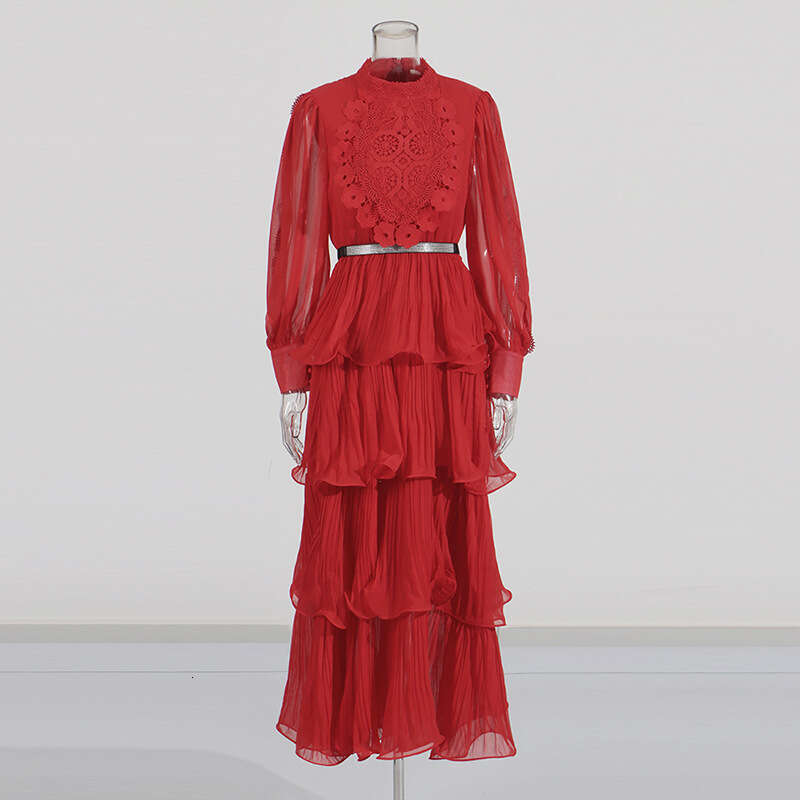 Designer Stylish Women's Long Dress with Ruffles, Lace Work, and Stand-Up Collar Perfect Fit and Comfortable Wear