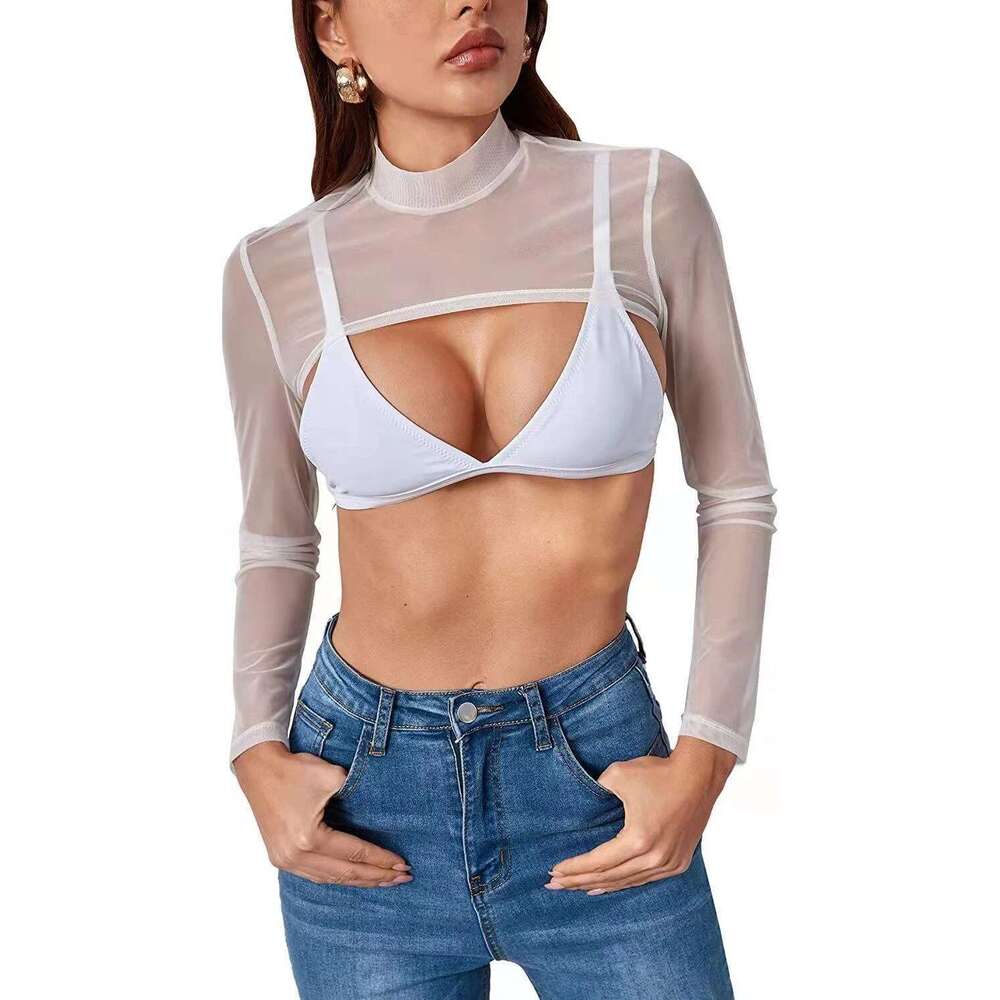 Women's Sexy Black Plain Mock Neck Mesh Cut-Off Long Sleeve Sheer Shrug Shirt Slim Fit Top Y2k Streetwear