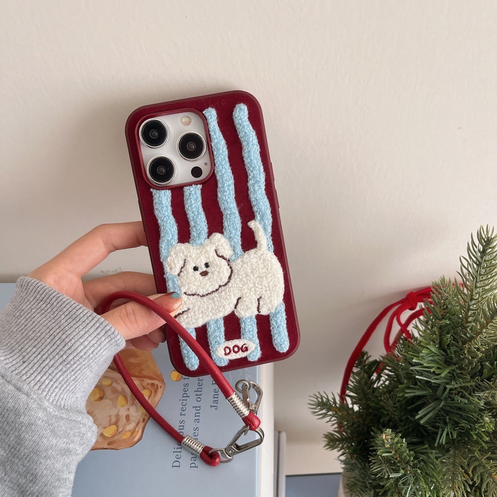 Embroidered Striped Puppy Phone Case Compatible with iPhone 17/16 Pro Cartoon Two-in-One 15/14 Shockproof