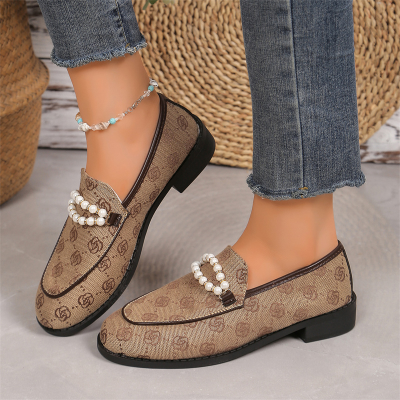 free shipping designer shoes for women ladies 2025 New Large Thick Heel Printed Pearl Metal Buckle Fashion Casual Outerwear Size 36-43 for daily wear