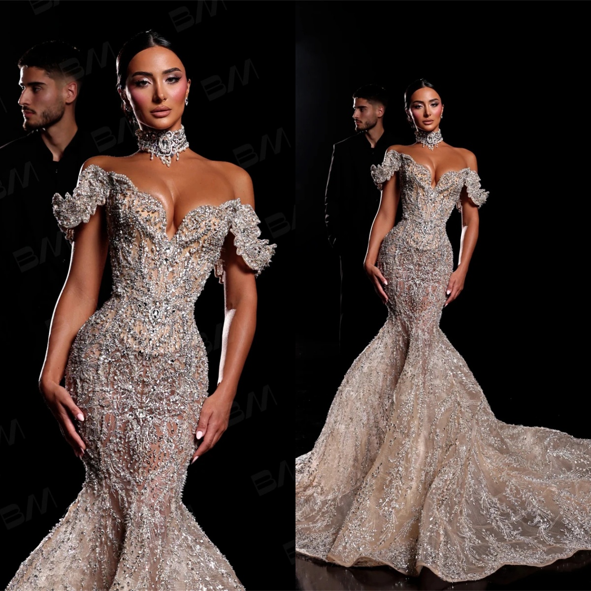 Gorgeous Sequined Mermaid Wedding Dresses Exquisite Off The Shoulder Bridal Gown Illusion Vestido De Novia Customized