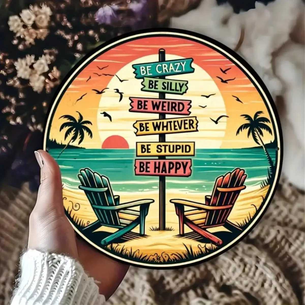 Sunset Tropic Round Metal Sign Tropical Sunset Letter Pattern Wall Decor Art for Home Living Room/Bedroom/BarM251114