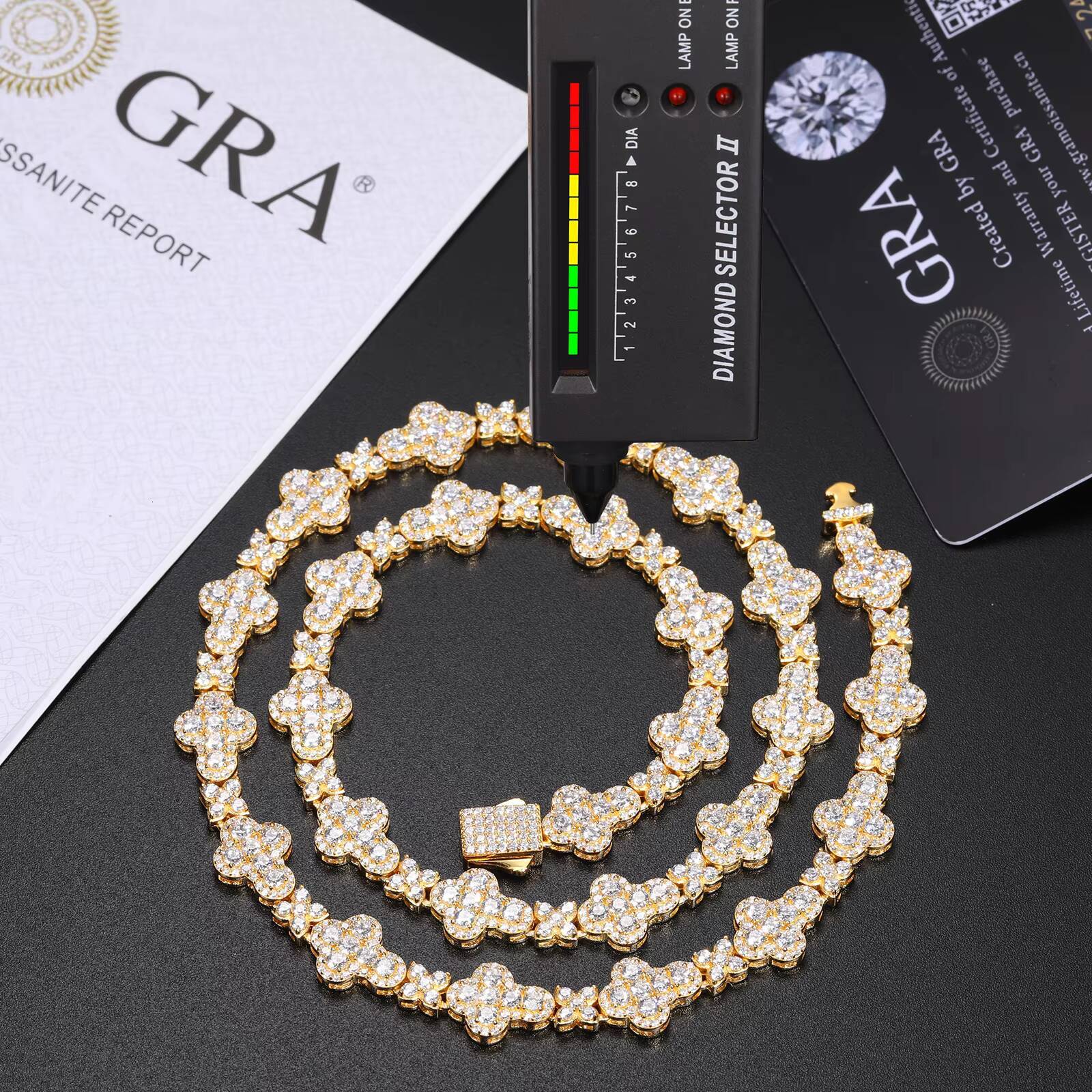 Sterling Silver Luxury Fine Jewelry Necklace 10mm Moissanite Cross Link Chain Four Leaf Clover Link Chain