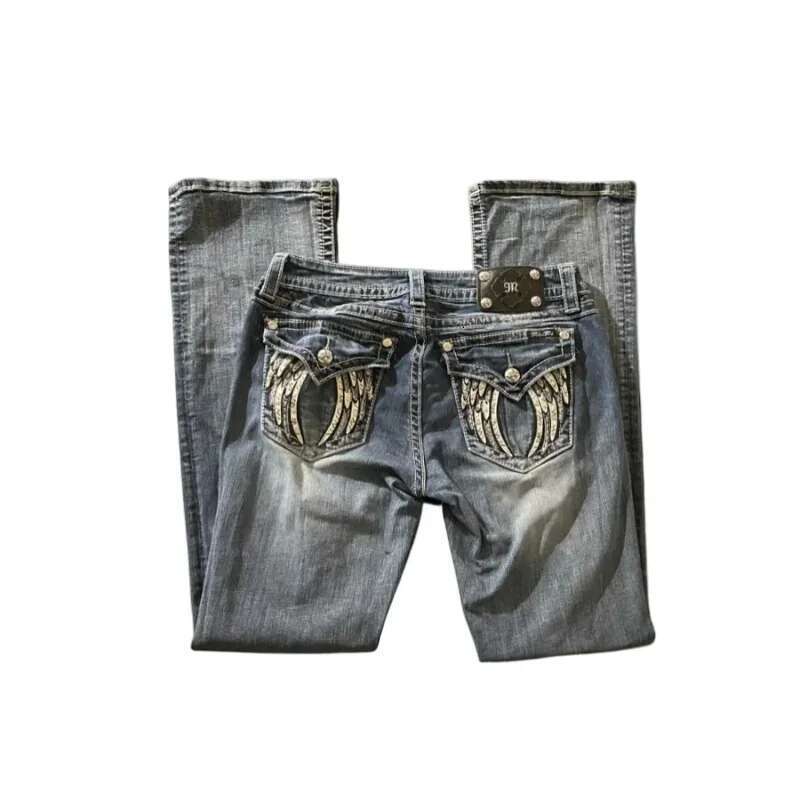 Retro Miss Me Boot Cut Female Y2k New Blue Jeans Embroidered Wing Pocket Hip Hop Haruku Gothic Wide Pants Street Wear