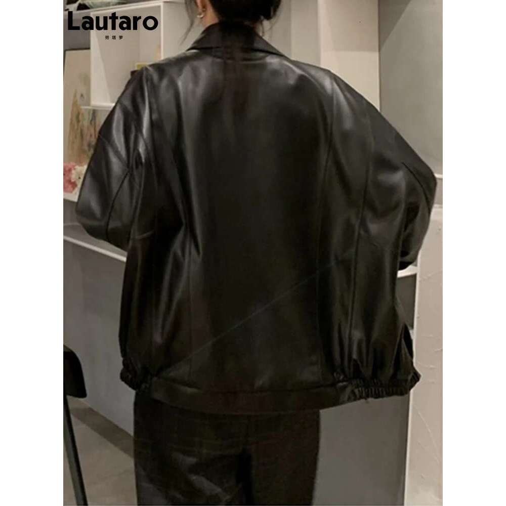 Designer Clothes Lautaro Spring Autumn Cool Retro Casual Oversized Black Waterproof Soft Faux Leather Jackets For Women Zipper Elastic Waist 2022