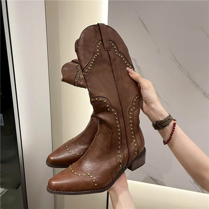 Studded Boots Women Low Heel Cowboy Chelsea Western Short Leather Knee High Gothic Rock Shoes Vintage 250411