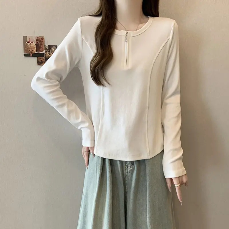 Womens spring and summer casual fashion zipper solid color Pullove womens clothing trend fully matched brushed long sleeves 250407