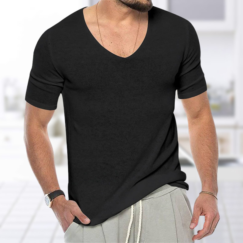 Mens thin V-neck solid color knitted shirt summer short sleeved knitted T-shirt