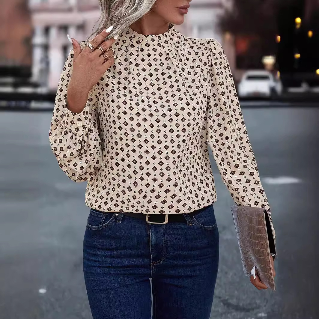 2025 early spring semi high neck pullover long sleeved printed temperament shirt women's top