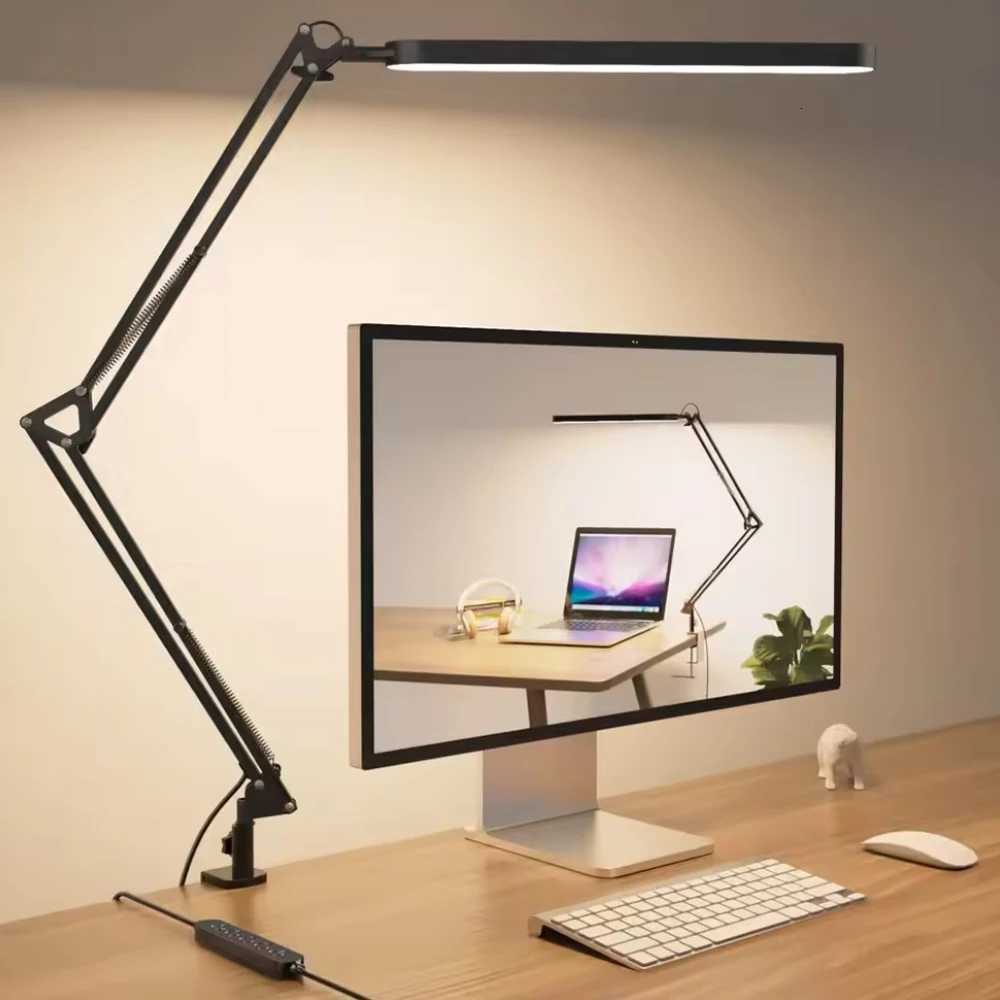 Clamp Desk Lamp LED Foldable Eye Caring Light 3 Light Modes 10 Brightness Levels Adjustable Long Lamp for Computer Desk Home M251114