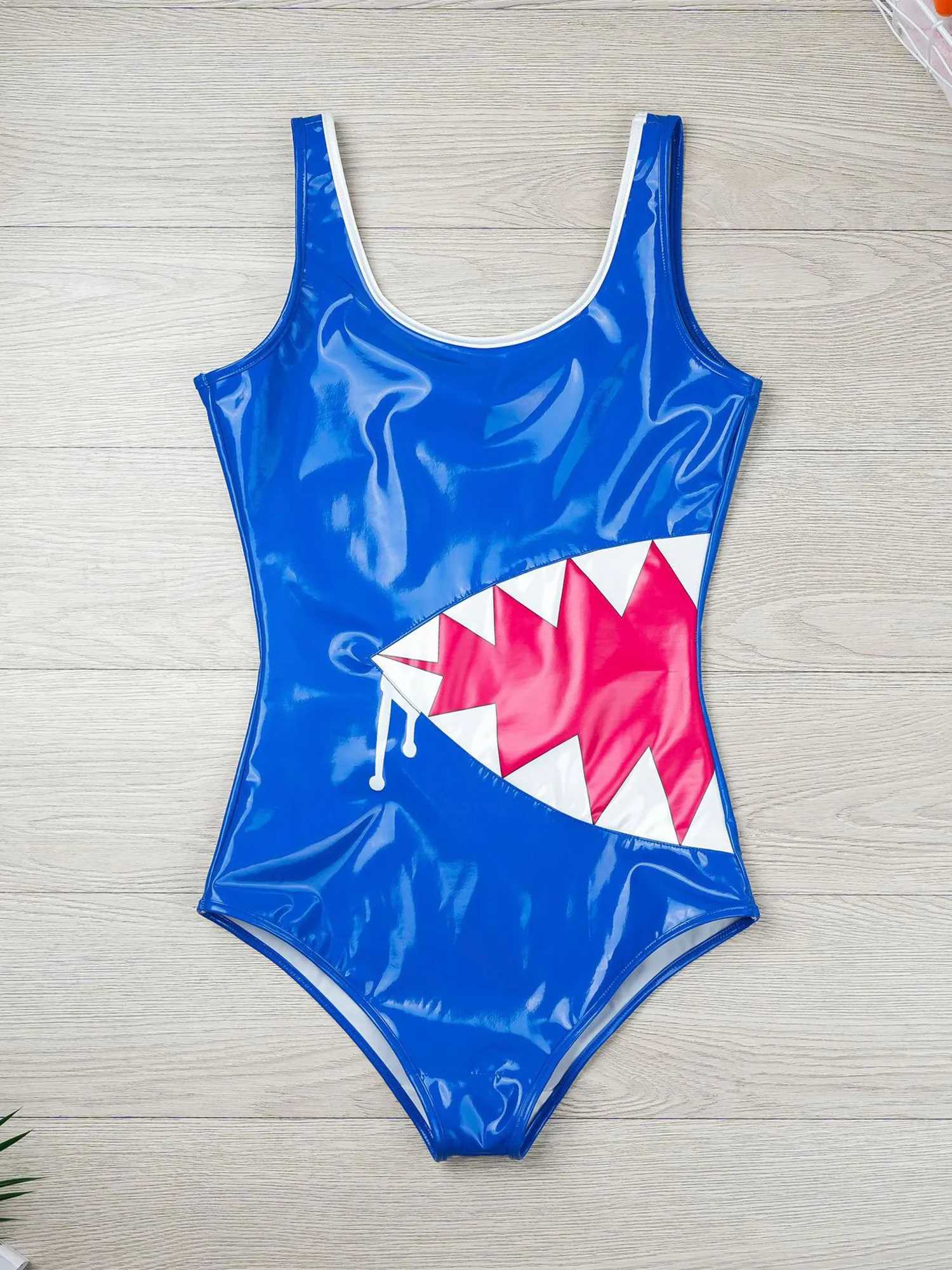 Womens Swimsuit Anme Shark Bodysuit Low Back Wet Look Shark Teeth One Piece Leotard Swimwear Swimming Bathing Suit ClubwearW251113