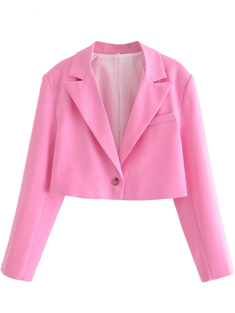 YENKYE 2023 Womens Single Button Pink Crop Jacket Retro Long Sleeve Collar Elegant Office Set 250414Z