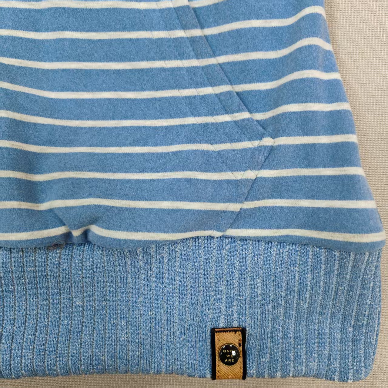 Women's Blue Striped Slim Fleece Zip Hoodie with Ribbed cuffs and hem Stand collar hood Filled hood Label patch for Daily Casual Wear