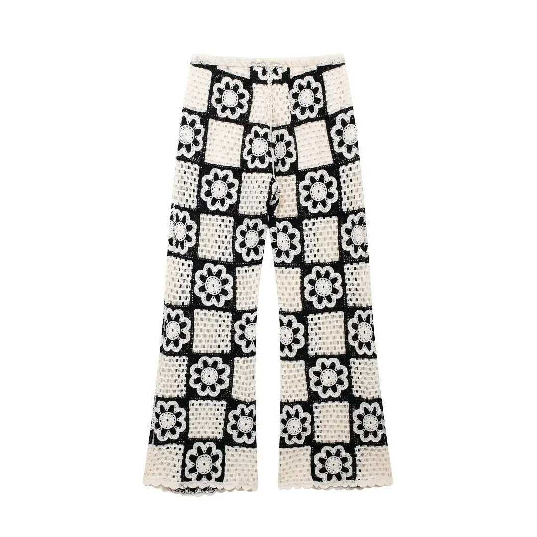 Autumn new European and American style crocheted sleeveless top contrasting color knitted wide leg pants fashion setXJ250414