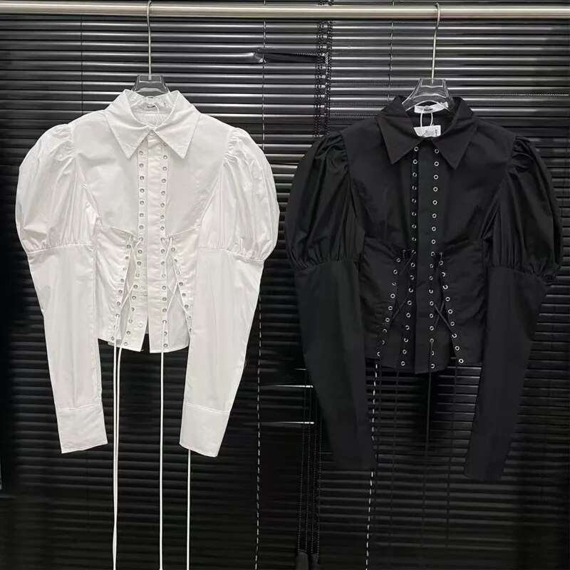 DEAT Fashion Women's Bandage Design Lantern Sleeves Blouse Solid Color Casual Lapel Short Shirts Female Trend New Items 11A02967