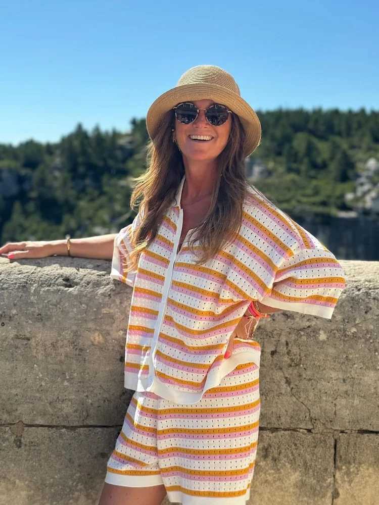 2025 New Fashion Stripe Knitted Hollow Shorts Set Fashion Womens Button Down Collar Loose Shirt Set Casual Womens Vacation SetXJ250414