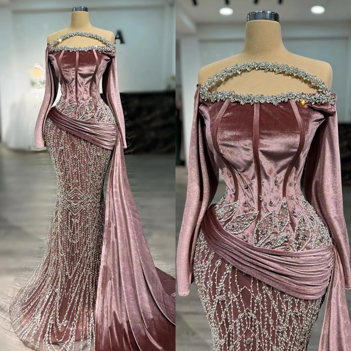 Unique Crystal Beading Evening Dresses Off Shoulder Prom Gowns Detachable Train Long Sleeves Customized Formal Occasion Plus Size Party Dress Vestidos