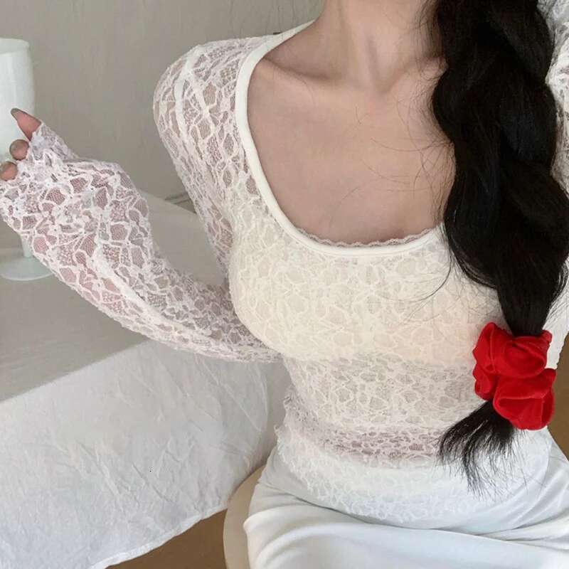 qing y2k Coquette Top Women Clothing See Through Round Neck Long Sleeve Lace T Shirts 2000s Fairycore Clothes Streetwear