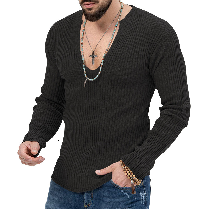 Men's clothing 2025 autumn and winter new sweater knitted solid color slim fit V-neck men's long sleeved T-shirt