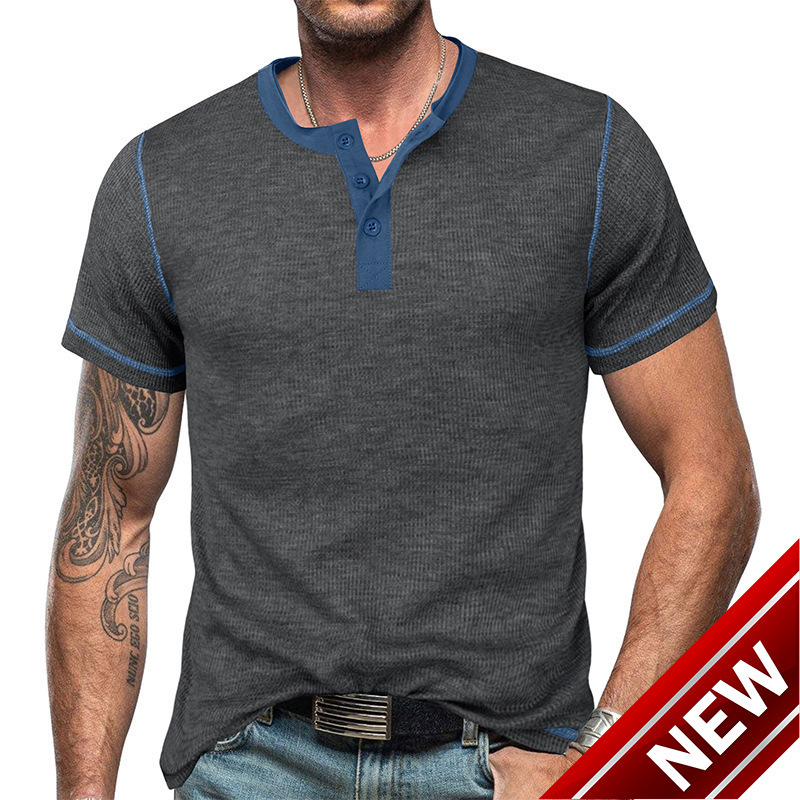 Ins2024 Summer Mens Henleys Shirt Short Sleeve T-shirt Mens American Waffle Color blocked Henleys