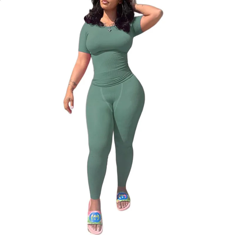 Lounge Wear Ribbed Casual 2 Piece Summer Shorts Set For Women Sleeve Top+Elastic Leggings Outfits 250414