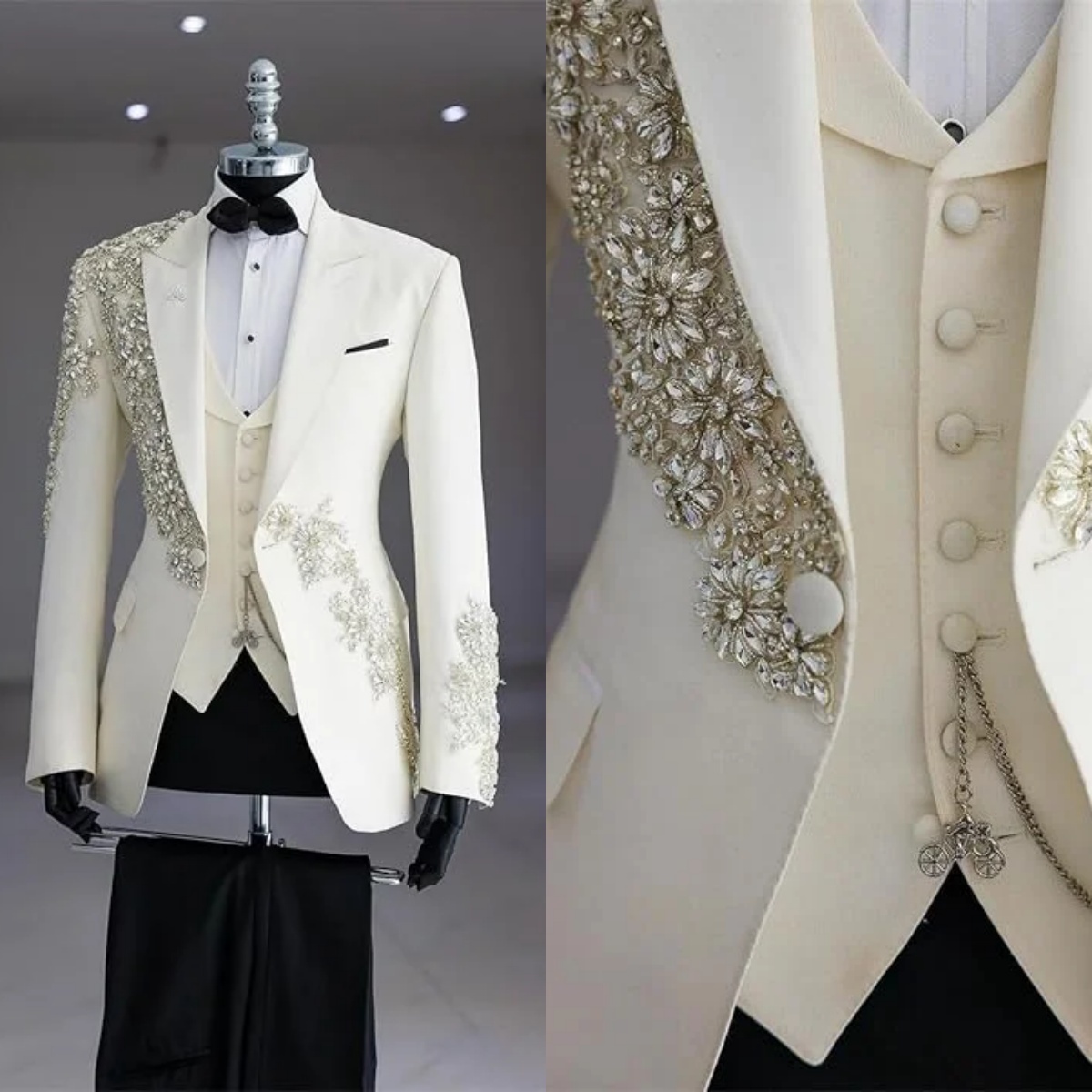 Beige Mens Wedding Tuxedos Heavy Crystal Beading Peaked Lapel Birthday Party Banquet Pants Suits Custom Made 3 Pieces Groom Wear