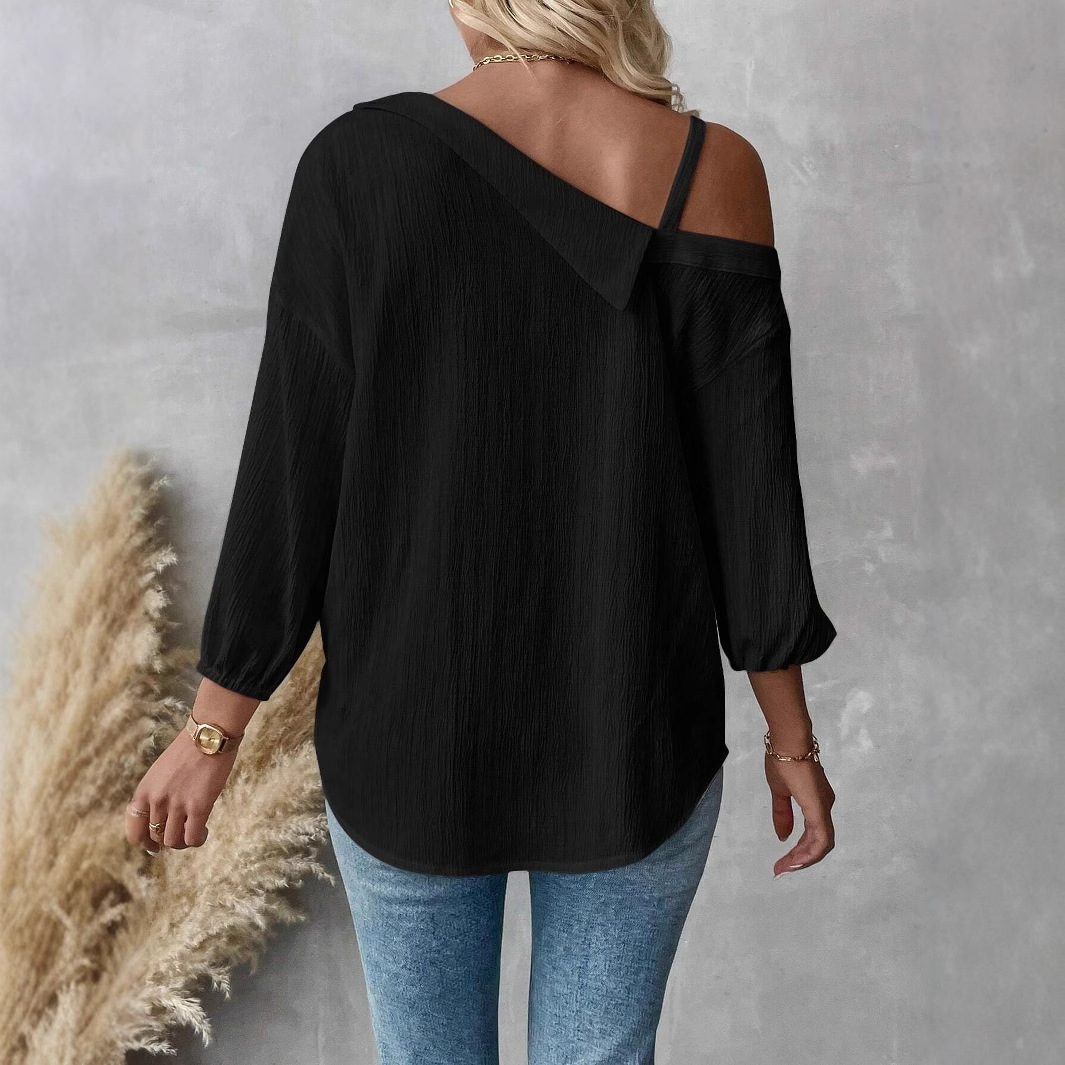 2025 Spring/Summer Flip Collar with Seven Cent Sleeve Off Shoulder Cardigan Texture Pattern Single breasted Casual Shirt