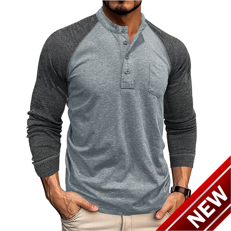 Mens American color blocked Henry shirt long sleeved T-shirt 2024 autumn and winter top mens inner outfit