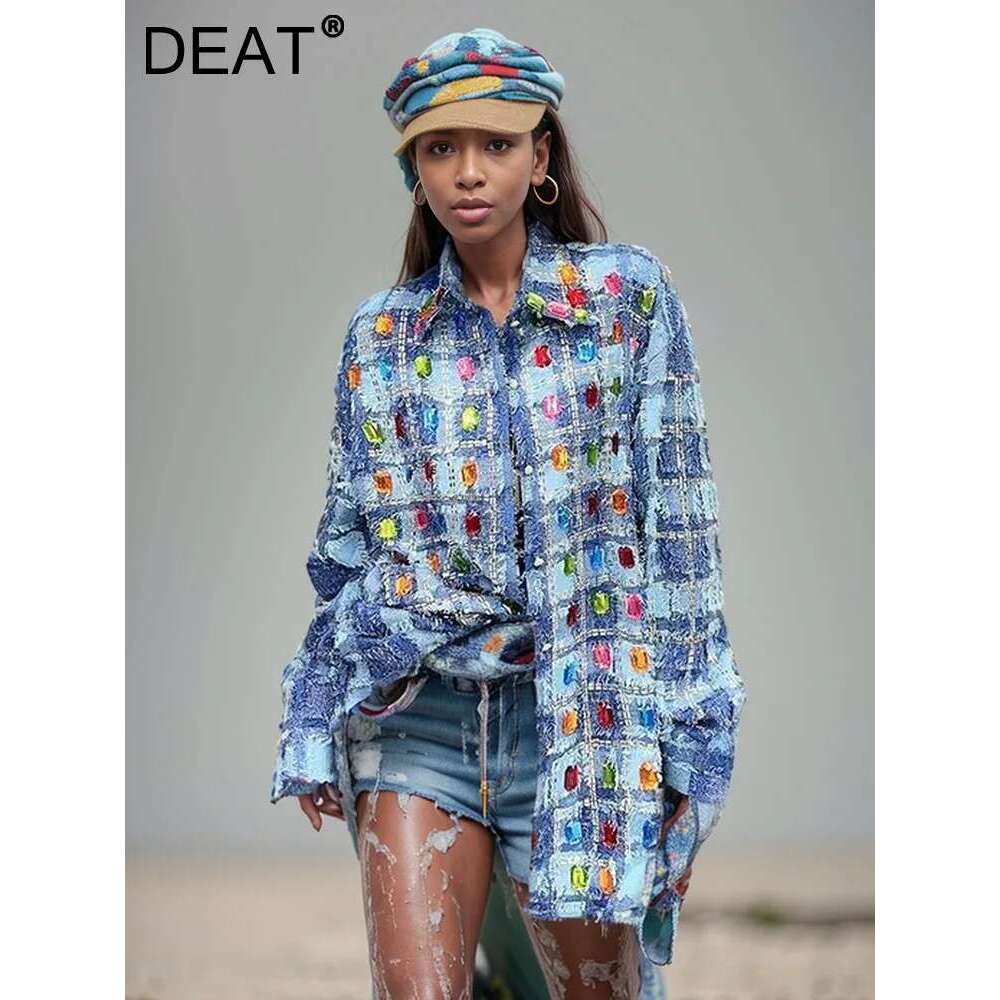 DEAT Women's Denim Shirt Loose Patchwork Plaid Burrs Edge Colored Dia Single Breasted Blouse 2024 Summer New Fashion 29L6604