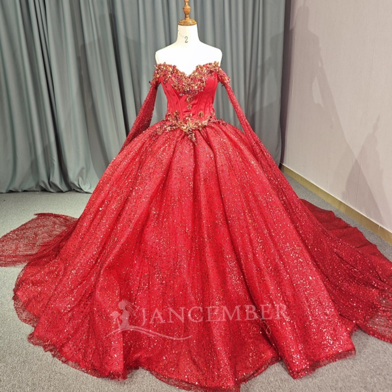 Red Shiny Princess Quinceanera Dresses Off Shoulder Applique Lace Beads With Cape Tull Corset Sweet 16 Dress Ball Gown Vestidos 15 Anos