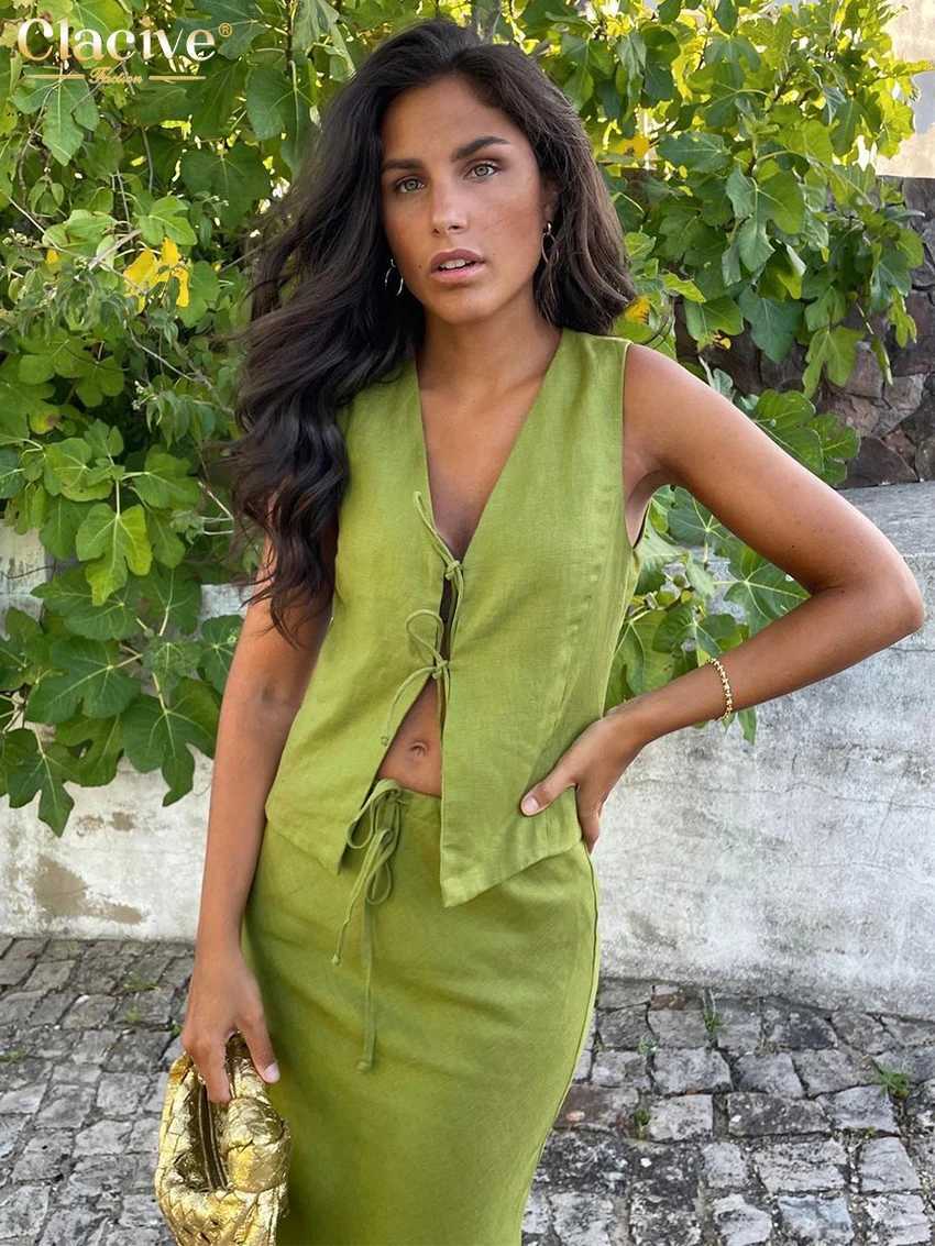 Clacive sexy ultra-thin green cotton 2-piece womens dress 2024 summer velvet free vest top mid waist long skirt set FeXJ250414