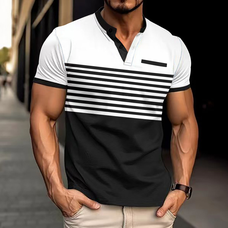 Summer Men's Casual POLO Shirt V-neck Striped Button Flip Collar Short Sleeve 2025 Top for Men
