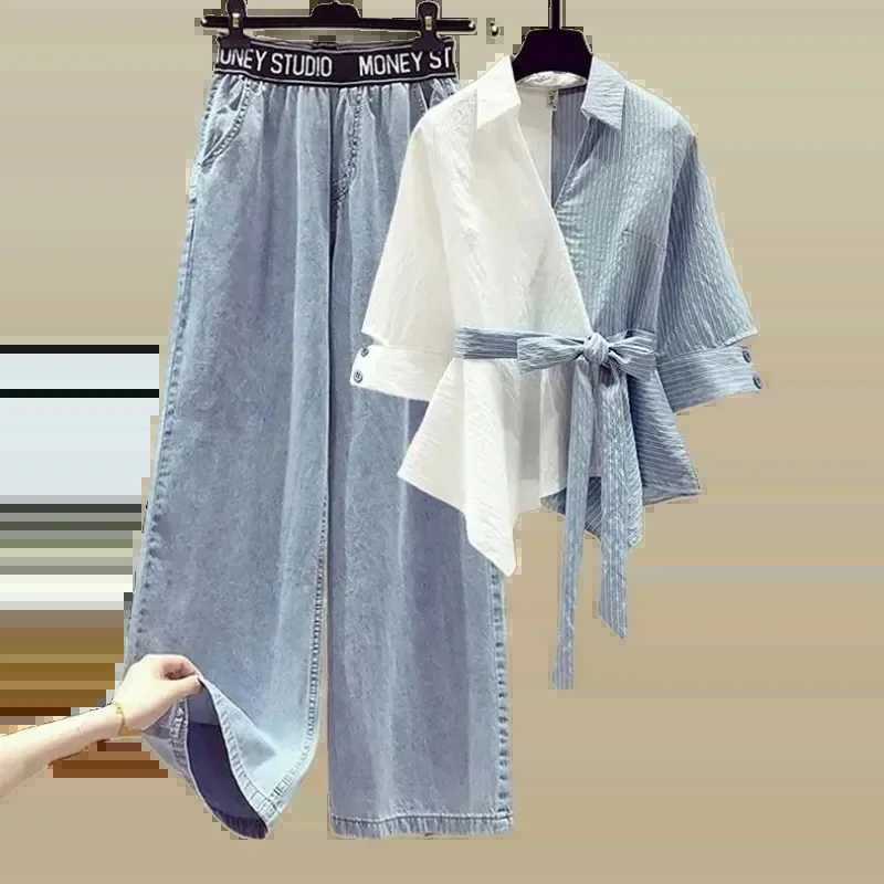 2025 Summer New Korean Ele Splicing Short Sved Shirt+Jeans Two Piece Set Womens Chic Lace Top Denim Pants Matching SetXJ250414