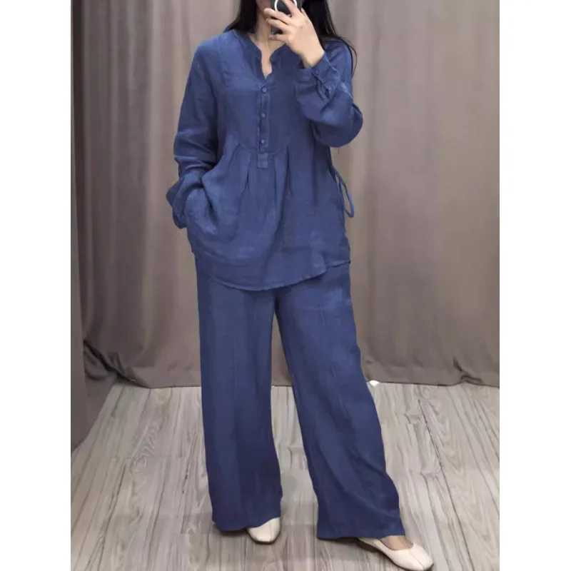 2024 Fashion and Comfortable Sve Cotton Linen Bell Bottom Casual Drstring Autumn Casual Skiing SetXJ250414