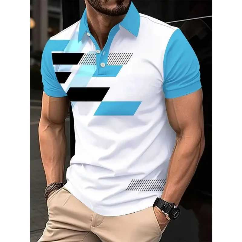 3D printed color geometric polo shirt mens color block graphic short sleeved T-shirt casual button top loose polo shirt W250414
