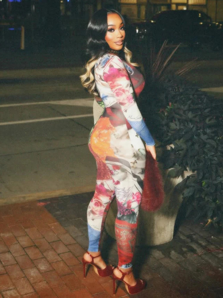 Sisterlinda Hip Jumpsuits Woman Girls Colorful Print Autumn Trend oNeck Full Sleeve Skinny Street Sexy Fashion Overalls 251114