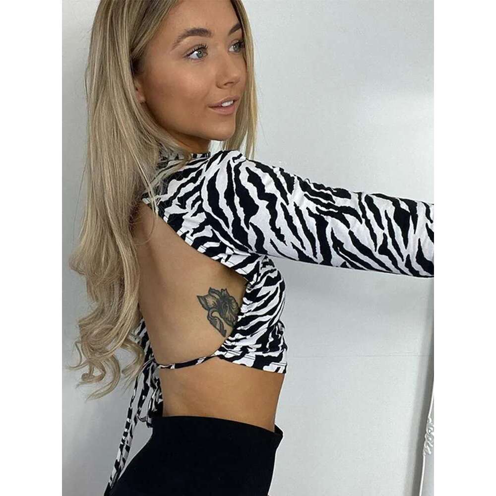 Animal Zebra Print Backless Cropped Tshirt Women Sexy Long Sleeve T-shirt Ladies Fashion Crop Tops Tees Streetwear